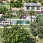 Luftaufnahme des Swimmingpools mit Palmen, Steinhäuschen mit Veranda und dem Haus im Hintergrund