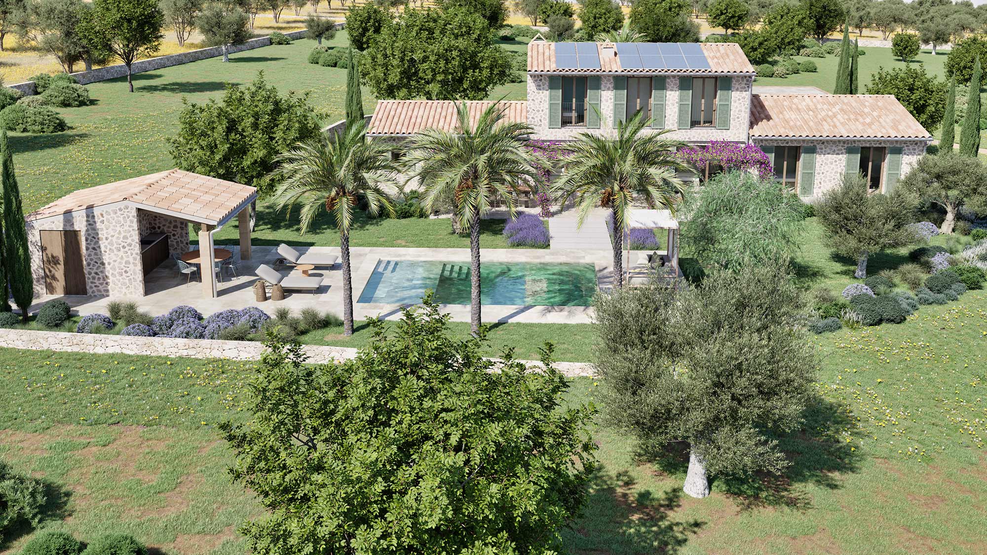 Luftaufnahme des Swimmingpools mit Palmen, Steinhäuschen mit Veranda und dem Haus im Hintergrund