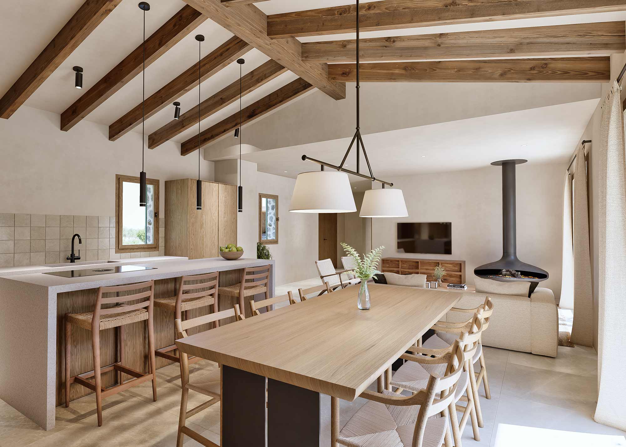 Offene Küche mit heller Kochinsel, Barhockern aus Holz, Esstisch, Hängekamin und sichtbaren Holzbalken