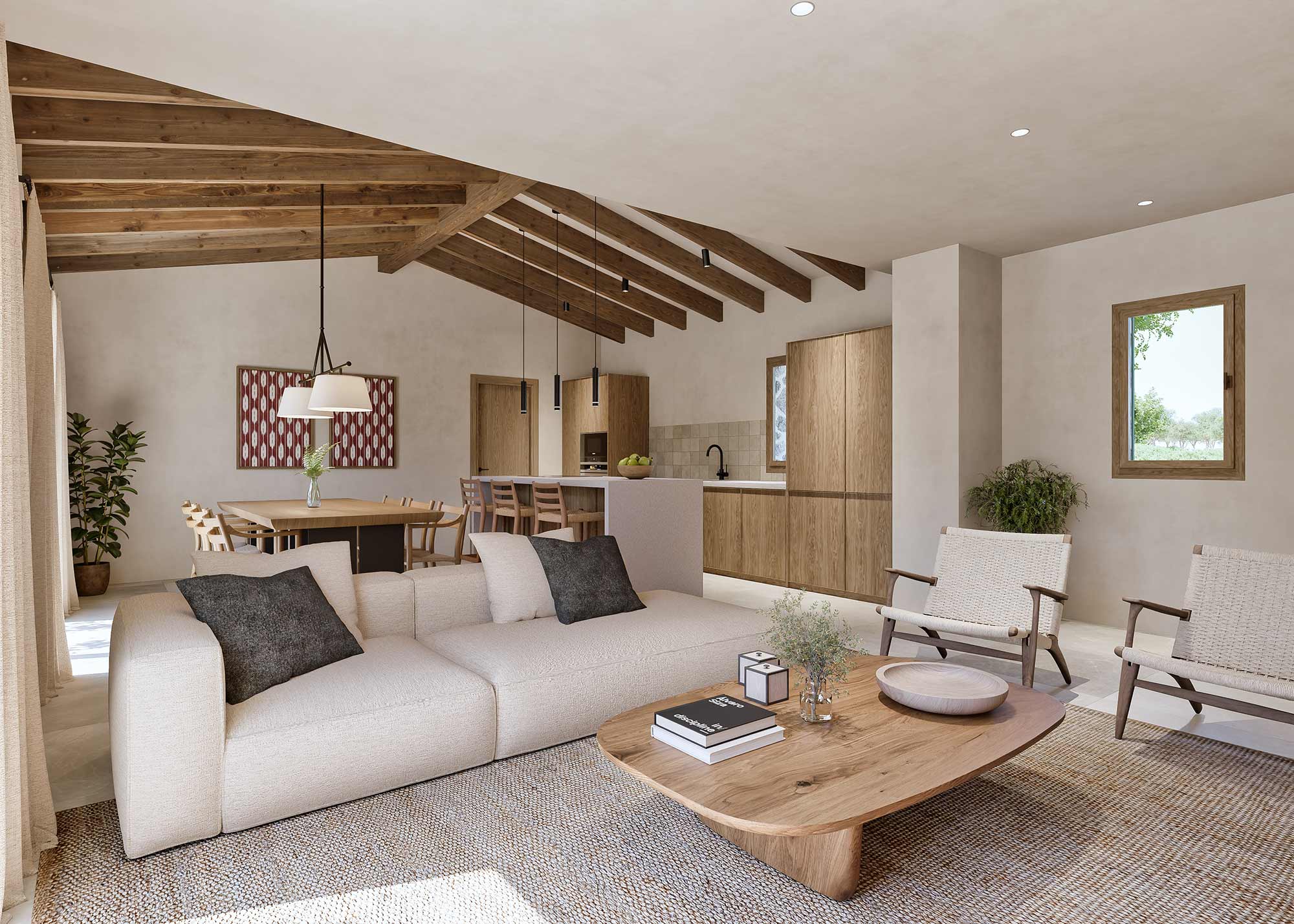 Wohnzimmer mit ecrufarbenem Sofa, Sesseln mit Seilgeflecht, Couchtisch aus Holz und Küche im Hintergrund