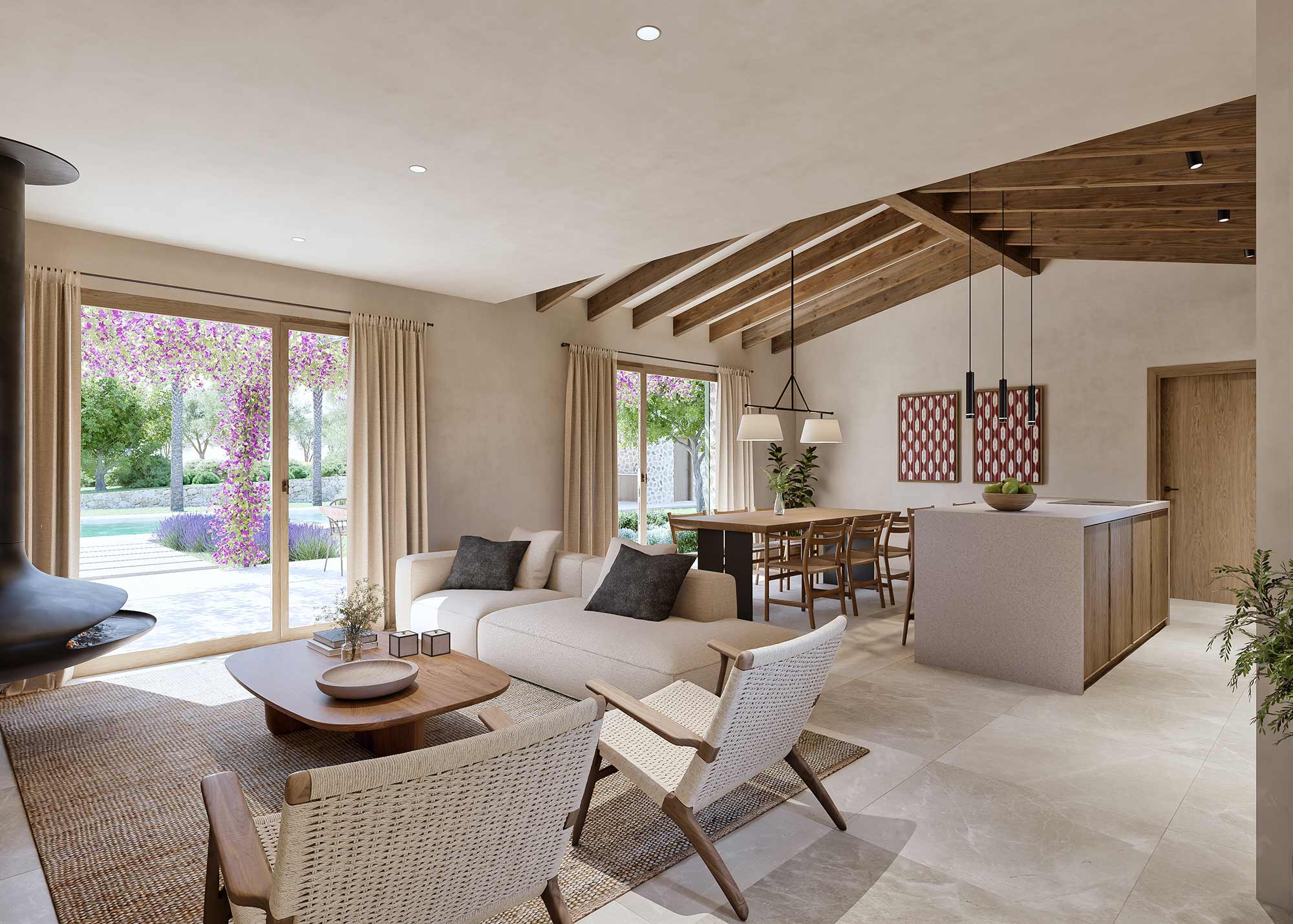 Wohn- und Esszimmer mit Schiebetüren zum Garten, blühender Pergola, Swimmingpool, hellem Boden und sichtbaren Holzbalken