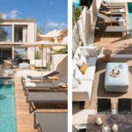 Pool mit Sonnenliegen auf einem Holzdeck und Luftaufnahme des Sitzbereichs im Freien
