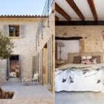 Patio mit Olivenbaum und grauen Fensterläden sowie Schlafzimmer mit Holzbalken und Steinmauer