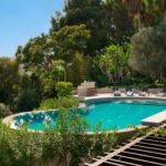 Piscina de forma orgánica rodeada de vegetación, con tumbonas, barra de piedra y pérgola de madera
