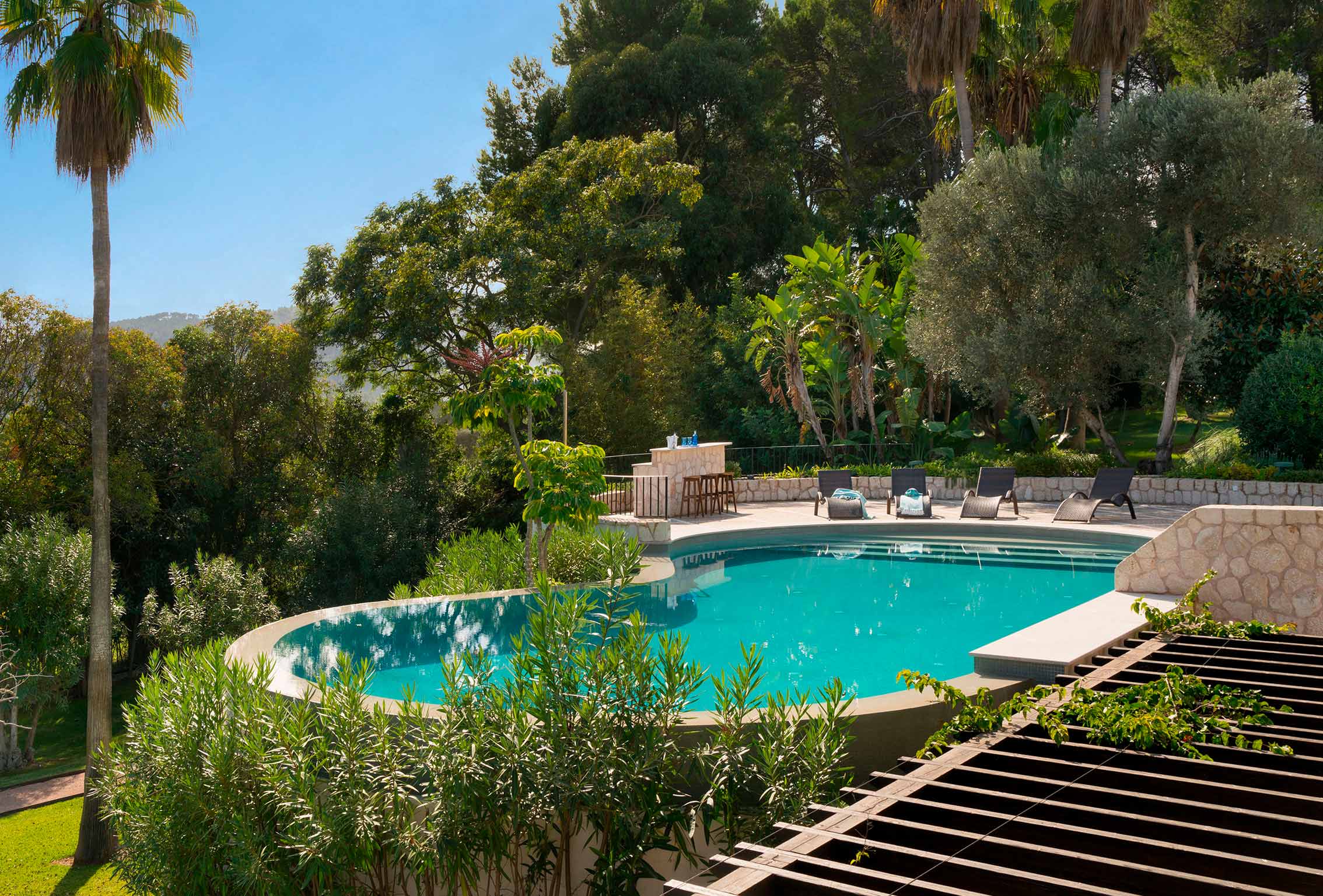 Piscina de forma orgánica rodeada de vegetación, con tumbonas, barra de piedra y pérgola de madera