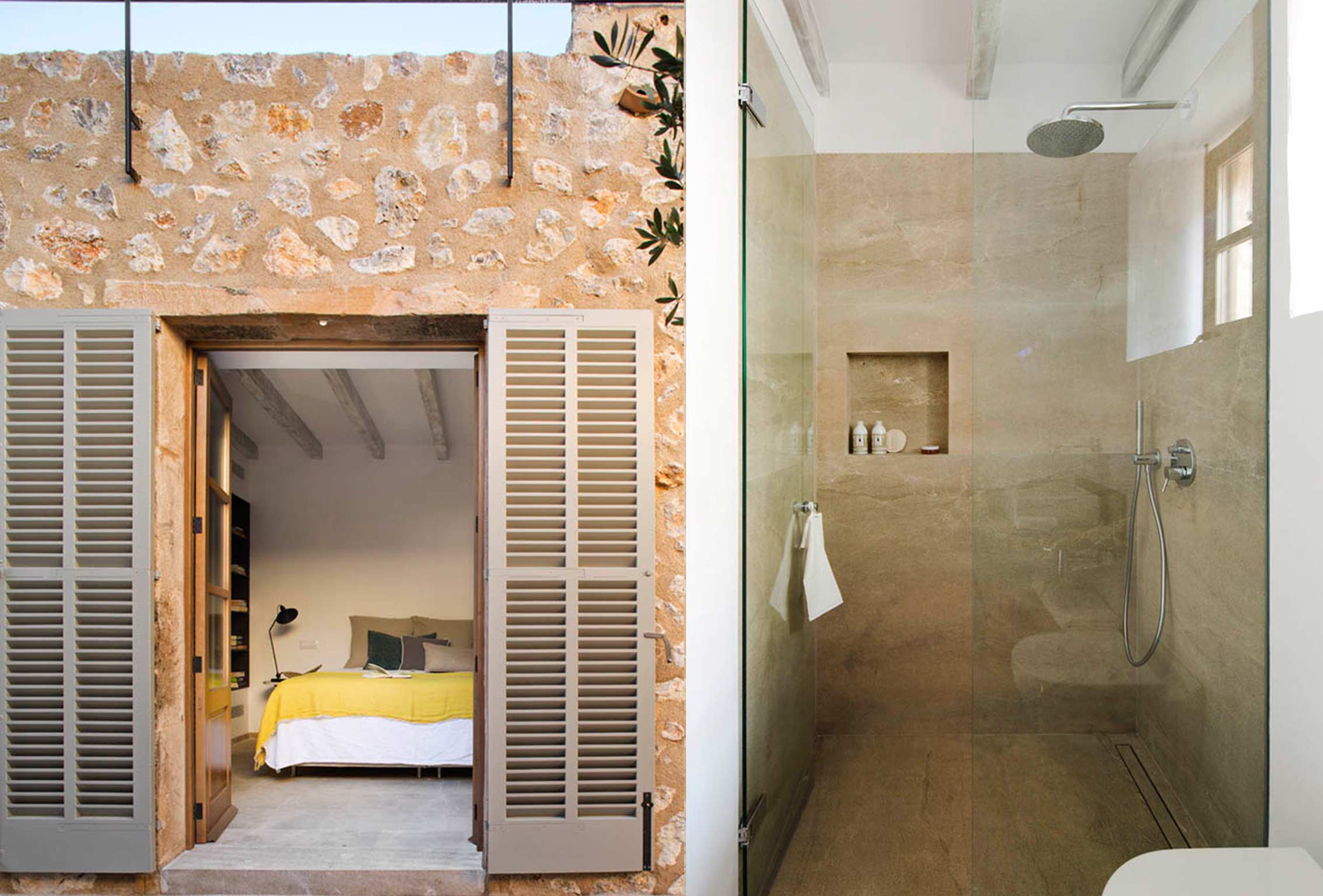 Schlafzimmer mit gelber Decke, zwischen geöffneten grauen Fensterläden zu sehen, und Dusche in Beige mit Glastrennwand