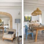 Comedor con arco de piedra, mesa de madera, sillas azules y lámparas de ratán, en dos vistas