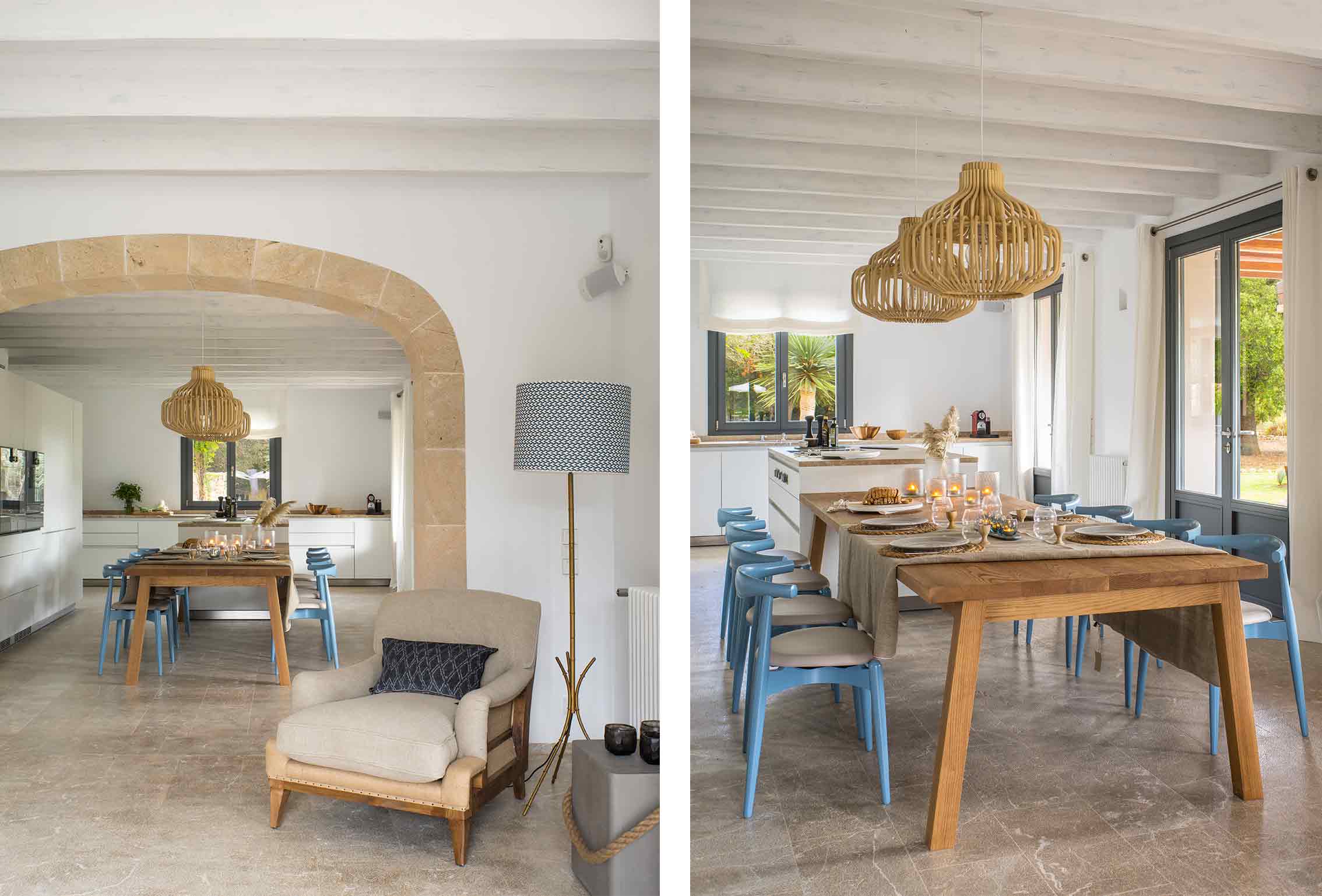 Comedor con arco de piedra, mesa de madera, sillas azules y lámparas de ratán, en dos vistas