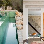 Pool mit grünem Mosaik neben Felsen sowie Esszimmer mit weißen Balken, Treppe und Holzschrank