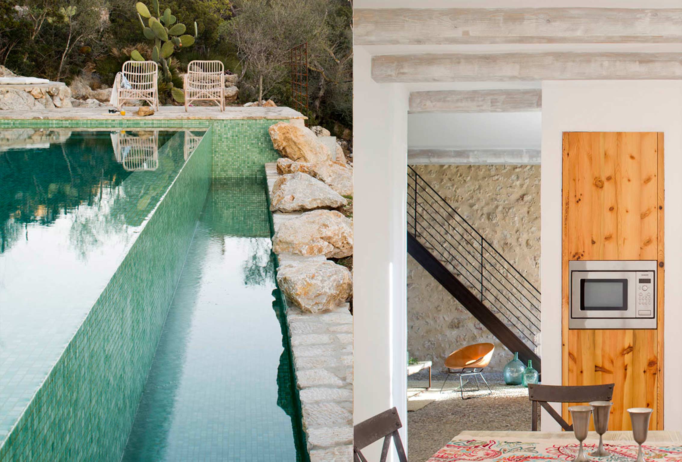 Pool mit grünem Mosaik neben Felsen sowie Esszimmer mit weißen Balken, Treppe und Holzschrank