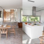 Dos planos: comedor con lámparas esféricas y escalera de madera, y cocina blanca con isla central
