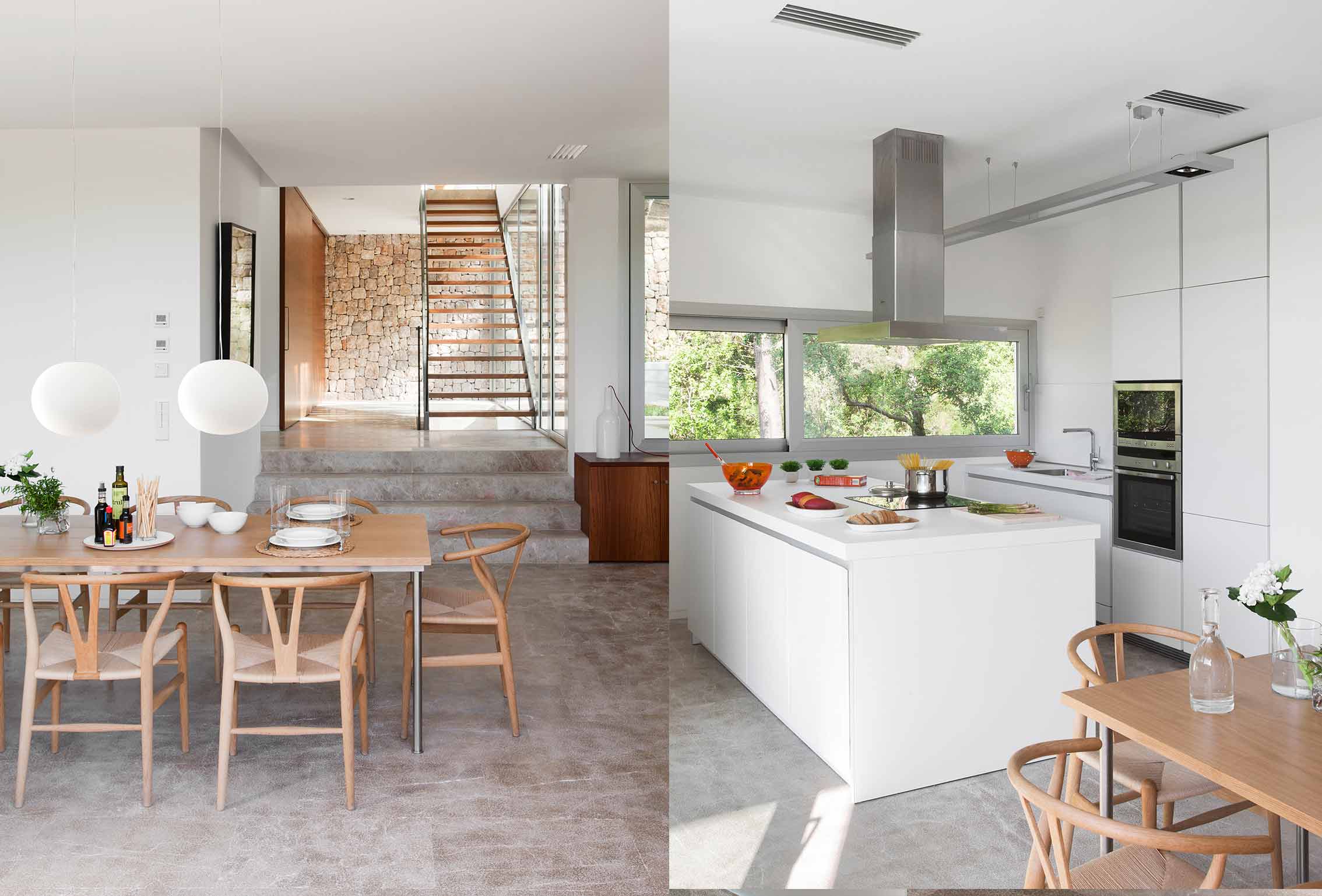 Dos planos: comedor con lámparas esféricas y escalera de madera, y cocina blanca con isla central