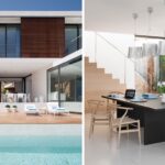 Fassade mit Holzlamellen und Pool, daneben Esszimmer mit Holzstühlen, Pendelleuchten und Treppe