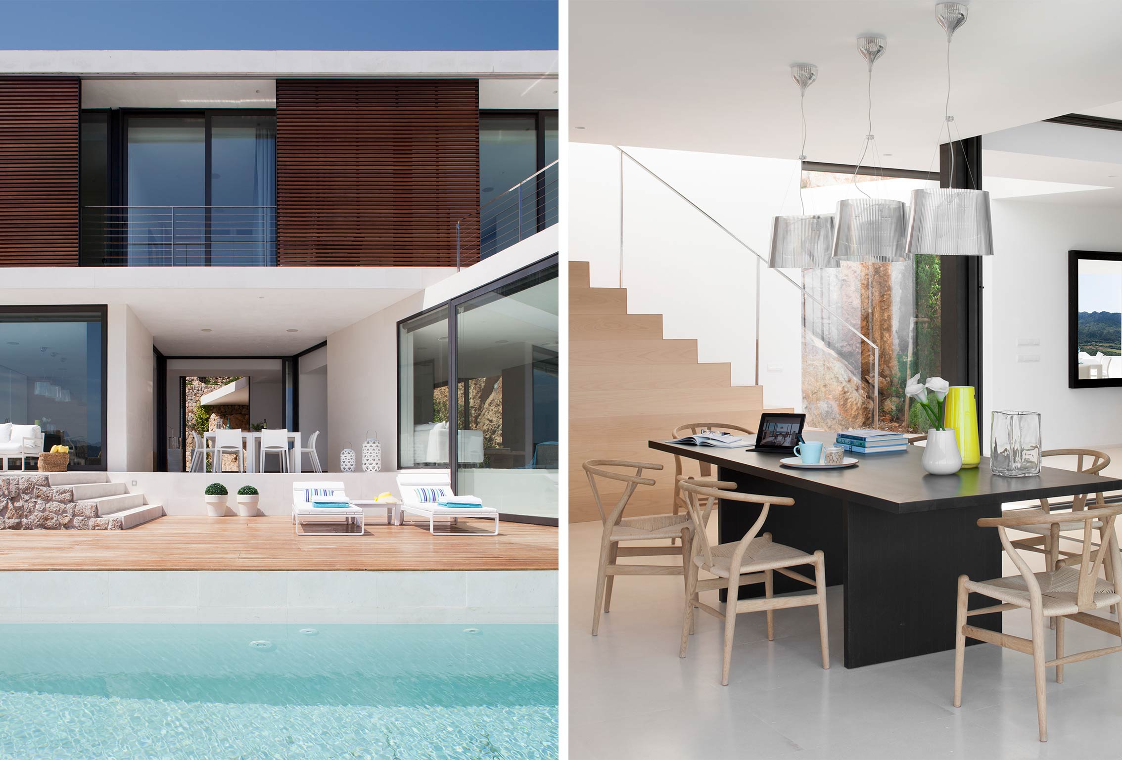 Fassade mit Holzlamellen und Pool, daneben Esszimmer mit Holzstühlen, Pendelleuchten und Treppe