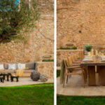 Rincón de estar bajo un olivo y comedor exterior de madera junto al muro de piedra