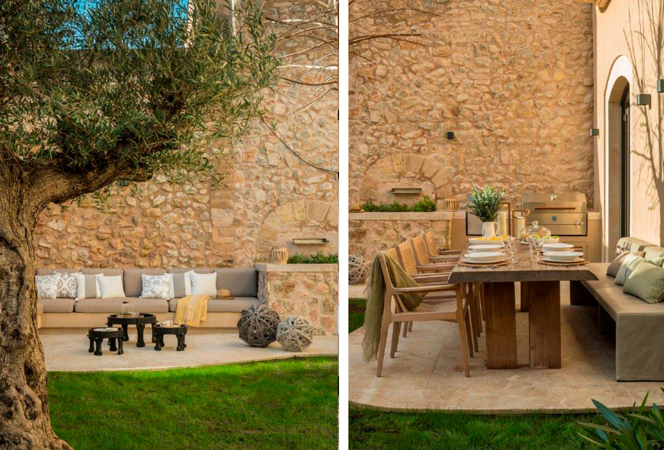 Rincón de estar bajo un olivo y comedor exterior de madera junto al muro de piedra