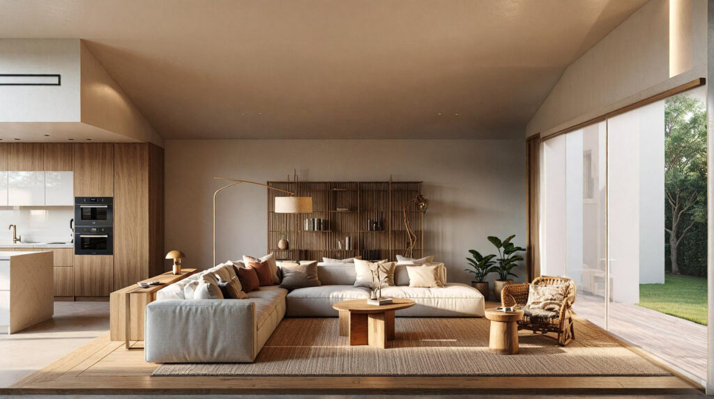 Living room with a light corner sofa, wooden shelving, open-plan kitchen and a large window onto the garden