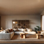 Living room with a light corner sofa, wooden shelving, open-plan kitchen and a large window onto the garden