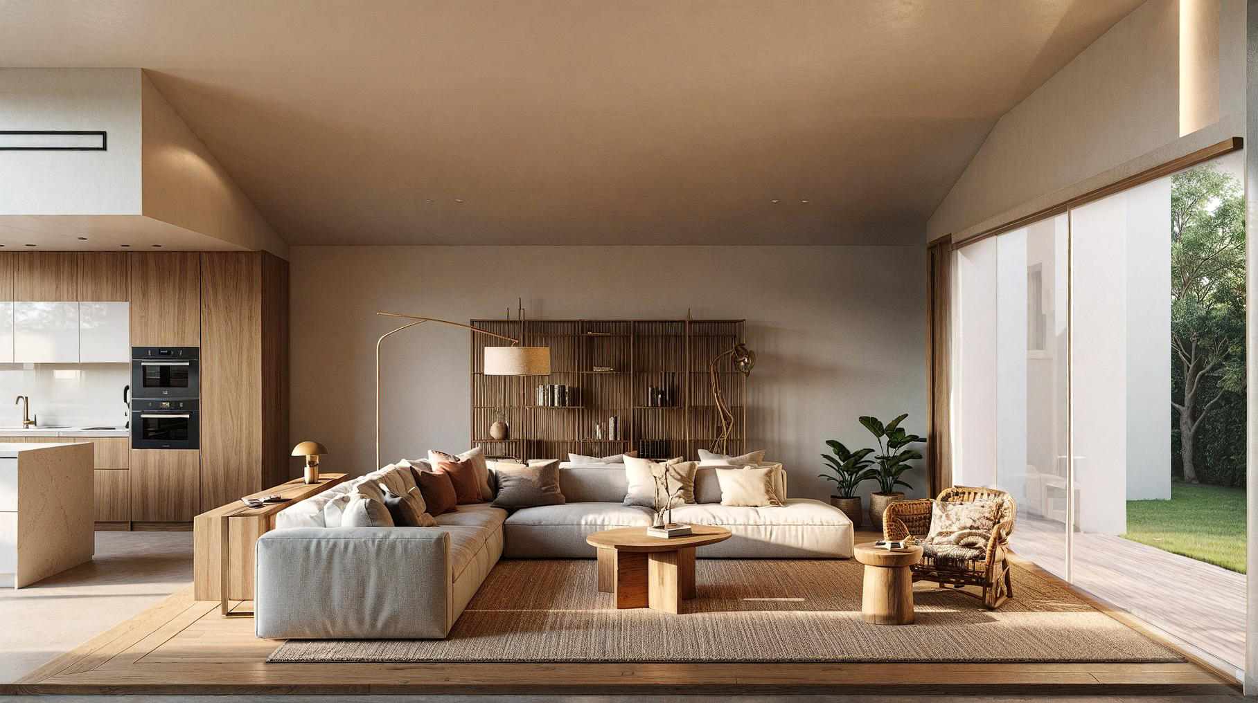 Living room with a light corner sofa, wooden shelving, open-plan kitchen and a large window onto the garden