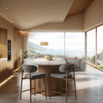 Light wood kitchen with an oval marble-topped island, grey stools and sea views