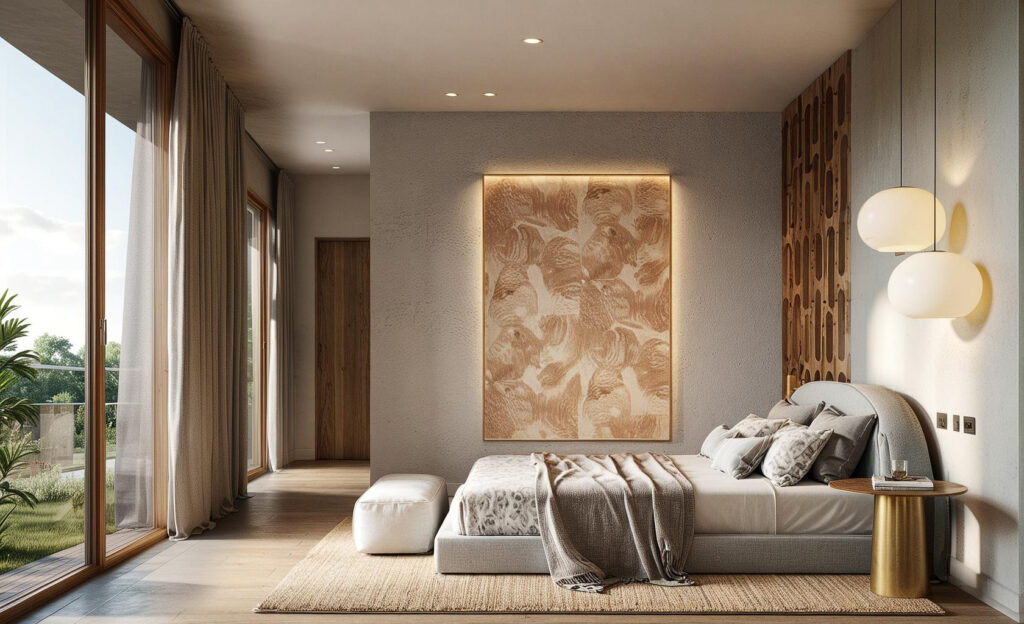 Bedroom with an upholstered bed, a large backlit painting in copper tones, wooden floor and a large window onto the garden