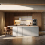 Villa Bonaire 43, kitchen with a concrete island, wooden cupboards and warm light on a polished floor