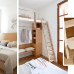 Dormitorio con cama, altillo con escalera de madera, armario abierto y detalle del peldaño de madera clara