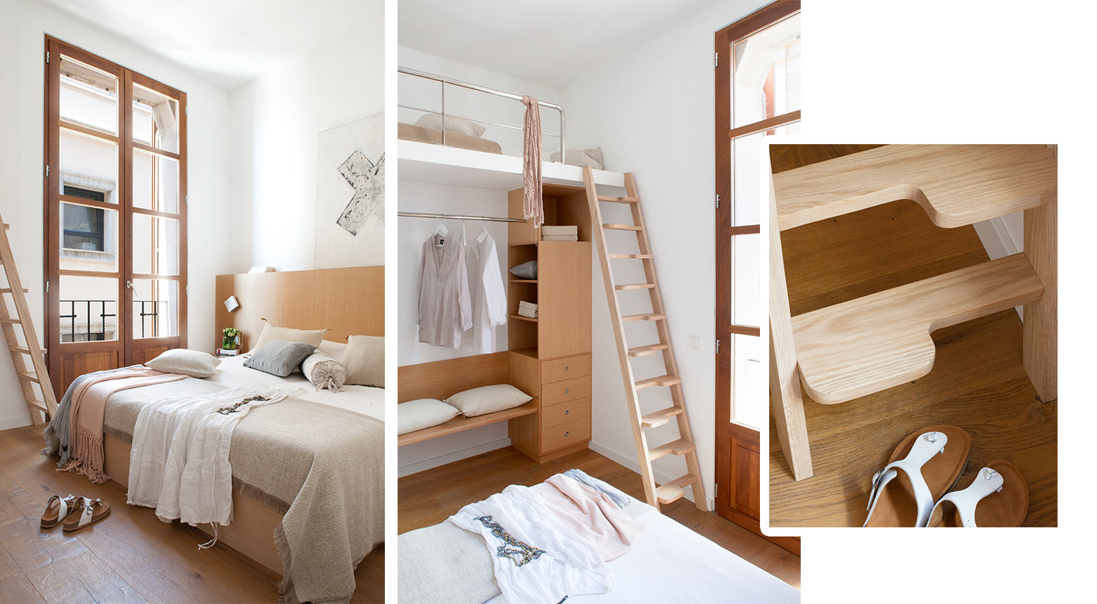 Dormitorio con cama, altillo con escalera de madera, armario abierto y detalle del peldaño de madera clara