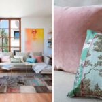 Salón con obra de arte y alfombra de retales, y detalle de cojines rosa y verde agua