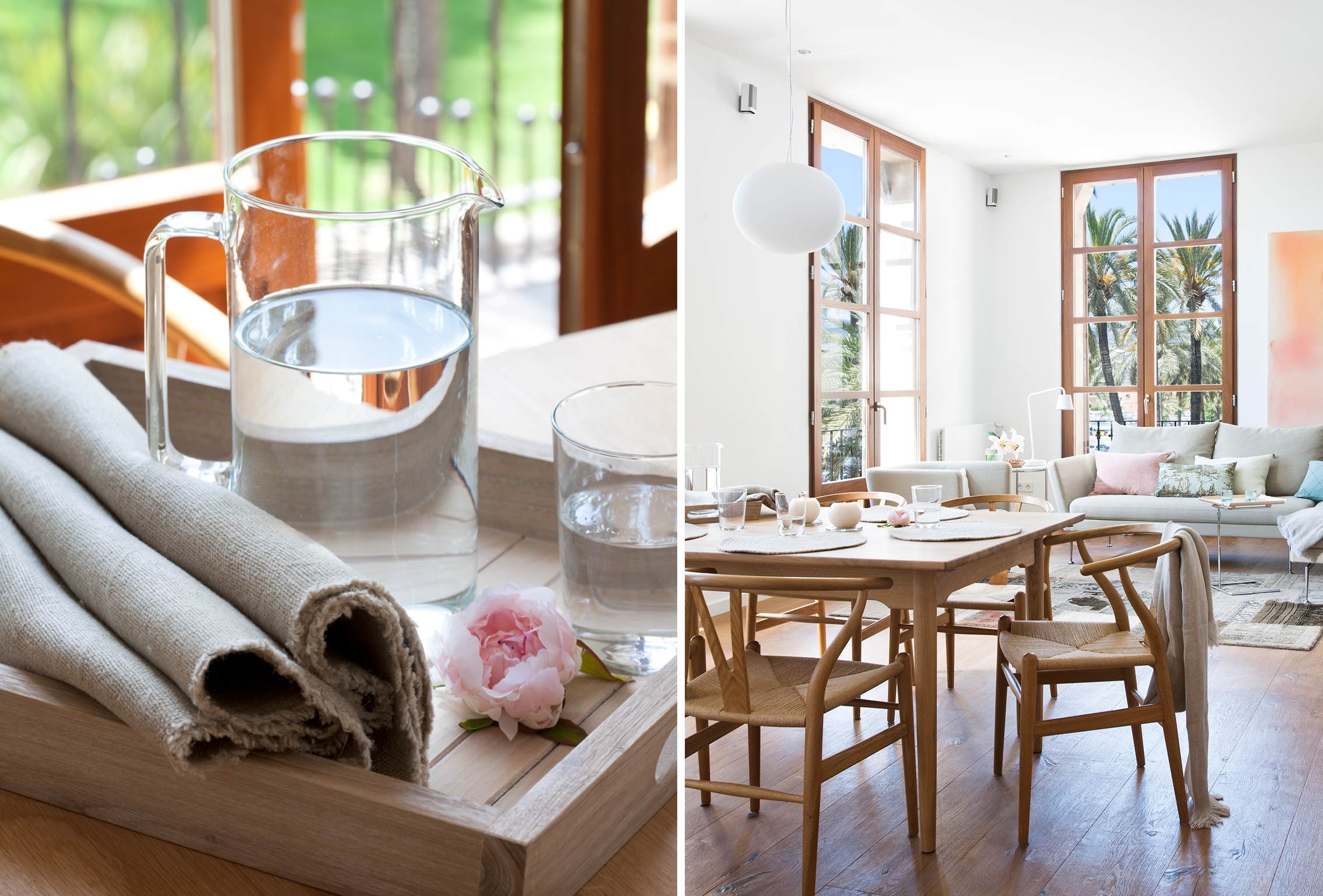 Jarra de cristal, servilletas de lino y flor rosa sobre bandeja de madera, junto al comedor luminoso
