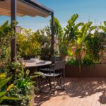 Comedor exterior bajo pérgola con silla plegable, plantas de hoja grande y tarima de madera con escalón