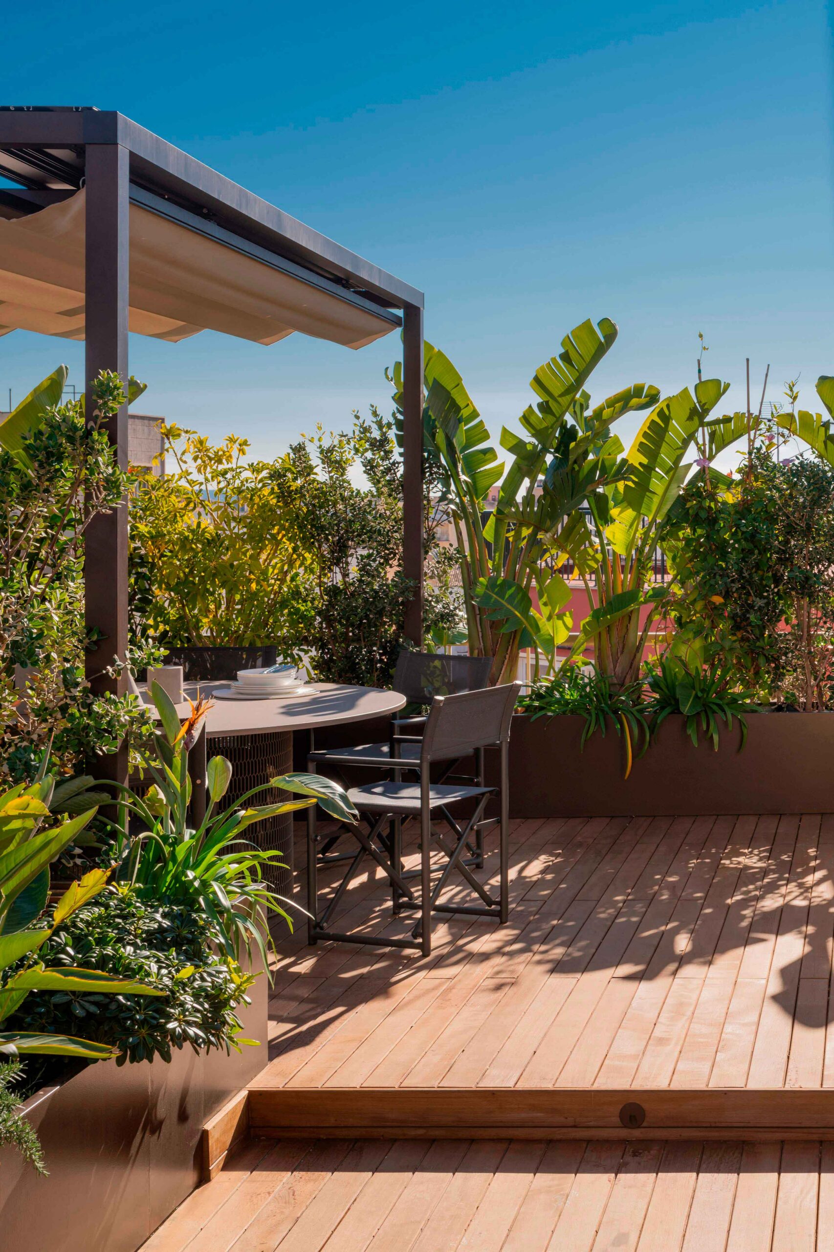 Comedor exterior bajo pérgola con silla plegable, plantas de hoja grande y tarima de madera con escalón