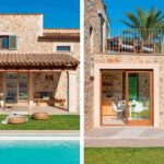 Diptych of a porch with dining area beside the pool and an upper-floor terrace above the glazed kitchen