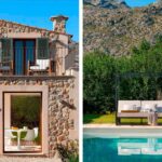 Diptych of a balcony on a stone façade and a metal-framed daybed beside the pool
