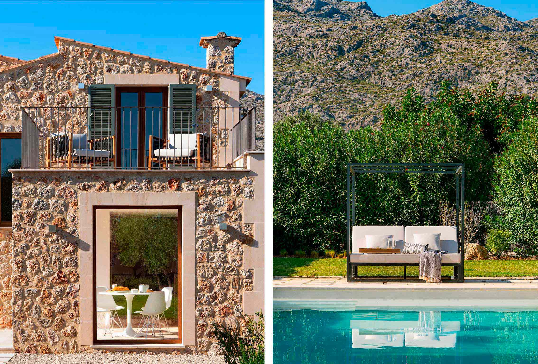Diptych of a balcony on a stone façade and a metal-framed daybed beside the pool