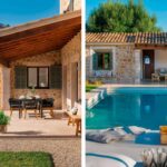 Stone porch with timber ceiling and outdoor dining area, and a pool with seating area