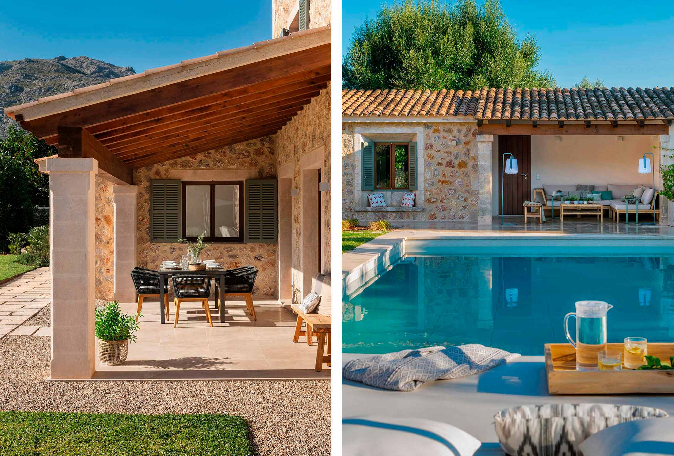 Stone porch with timber ceiling and outdoor dining area, and a pool with seating area