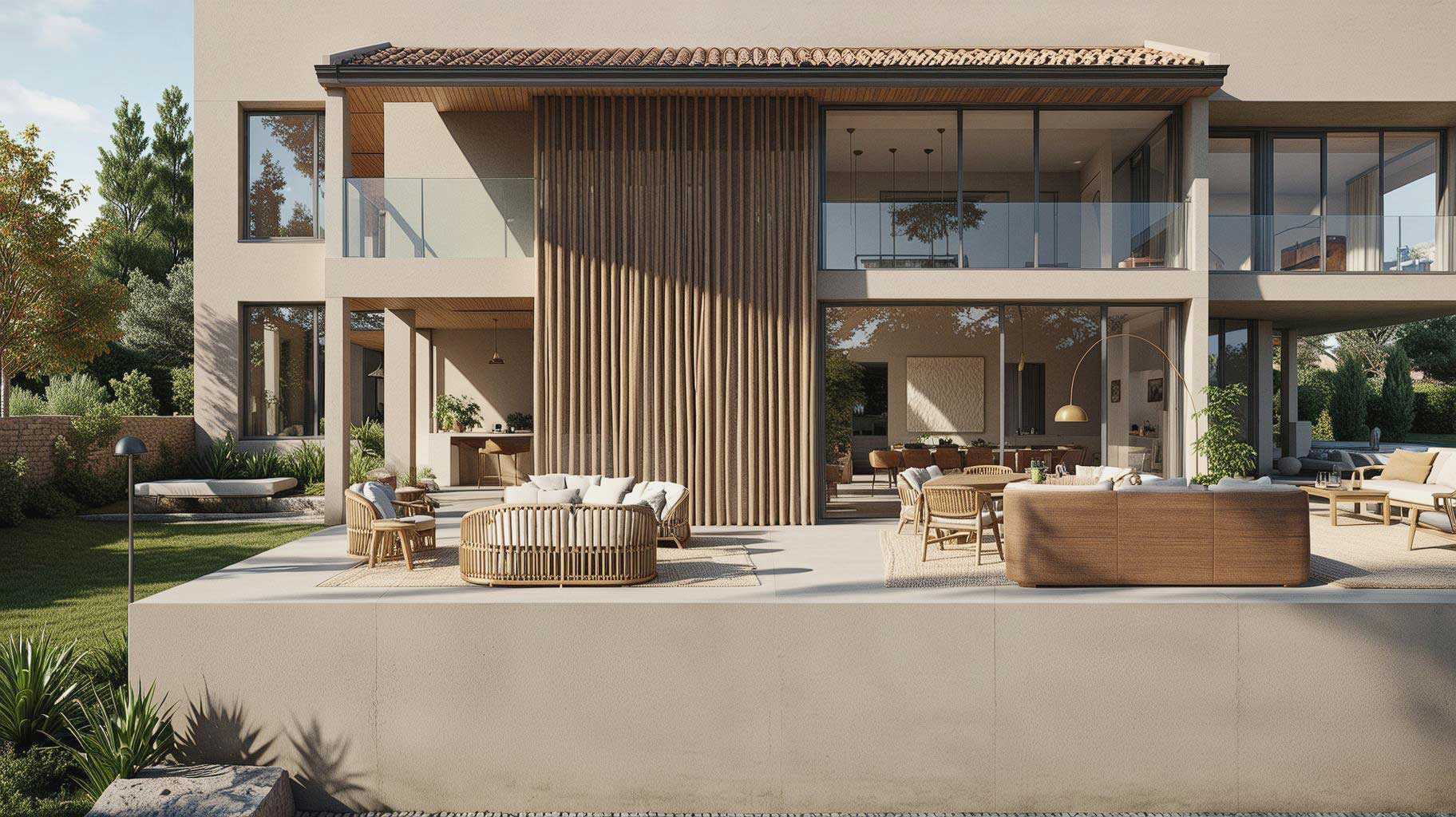 Façade with vertical timber lattice, terrace with wicker furniture and glass balconies