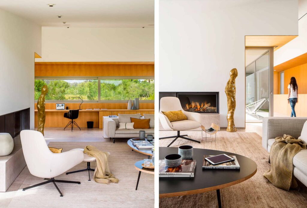 Díptico del salón con zona de trabajo en madera clara, ventanal y chimenea junto a escultura dorada