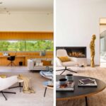 Díptico del salón con zona de trabajo en madera clara, ventanal y chimenea junto a escultura dorada