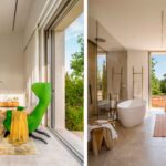 Díptico con dormitorio, sillón verde junto al ventanal corredero y baño con bañera exenta