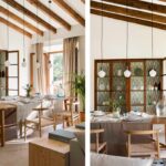 Dos vistas del comedor con mesa de madera, vitrina de cristal y lámparas colgantes bajo vigas