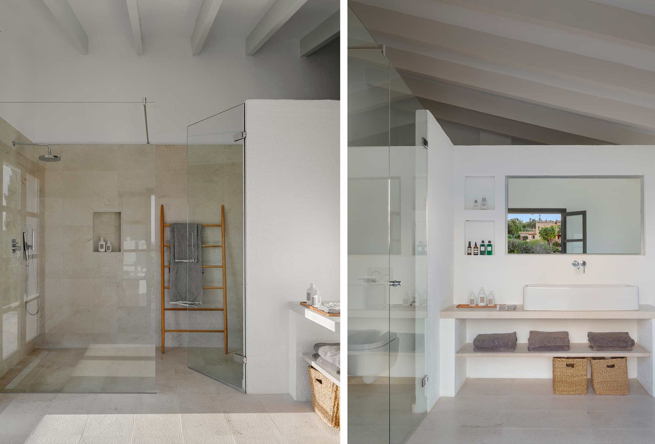 Bathroom with glass shower, pale stone cladding, timber towel ladder and basin on a shelf