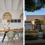 Dining area with wooden table, sage-green chairs and wicker lamps, beside a pink façade with an olive tree