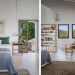 Bedroom with green cushions and balcony door, beside a reading nook with mountain views