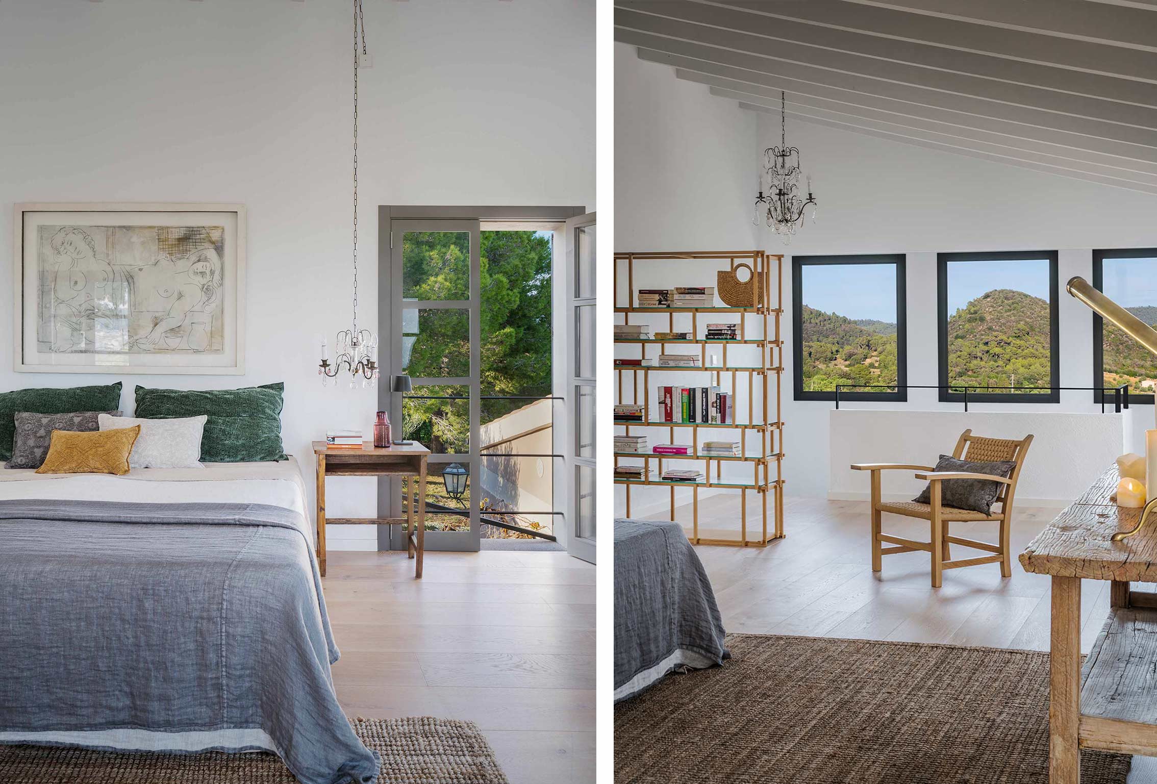 Bedroom with green cushions and balcony door, beside a reading nook with mountain views