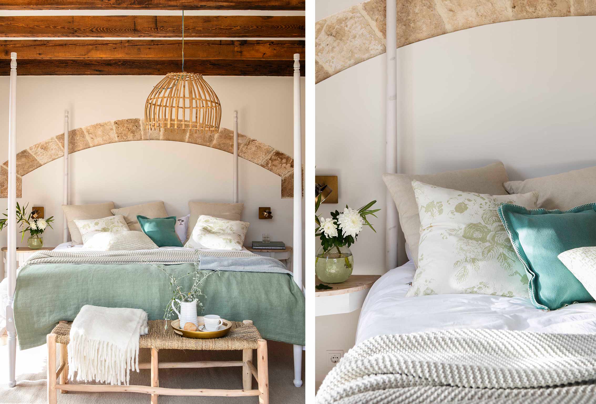 Dormitorio con cama de cuatro postes, arco de piedra, manta verde y lámpara de mimbre