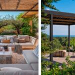 Terrace with sofas under a pergola among olive trees and timber sun deck with pouffes and sea views