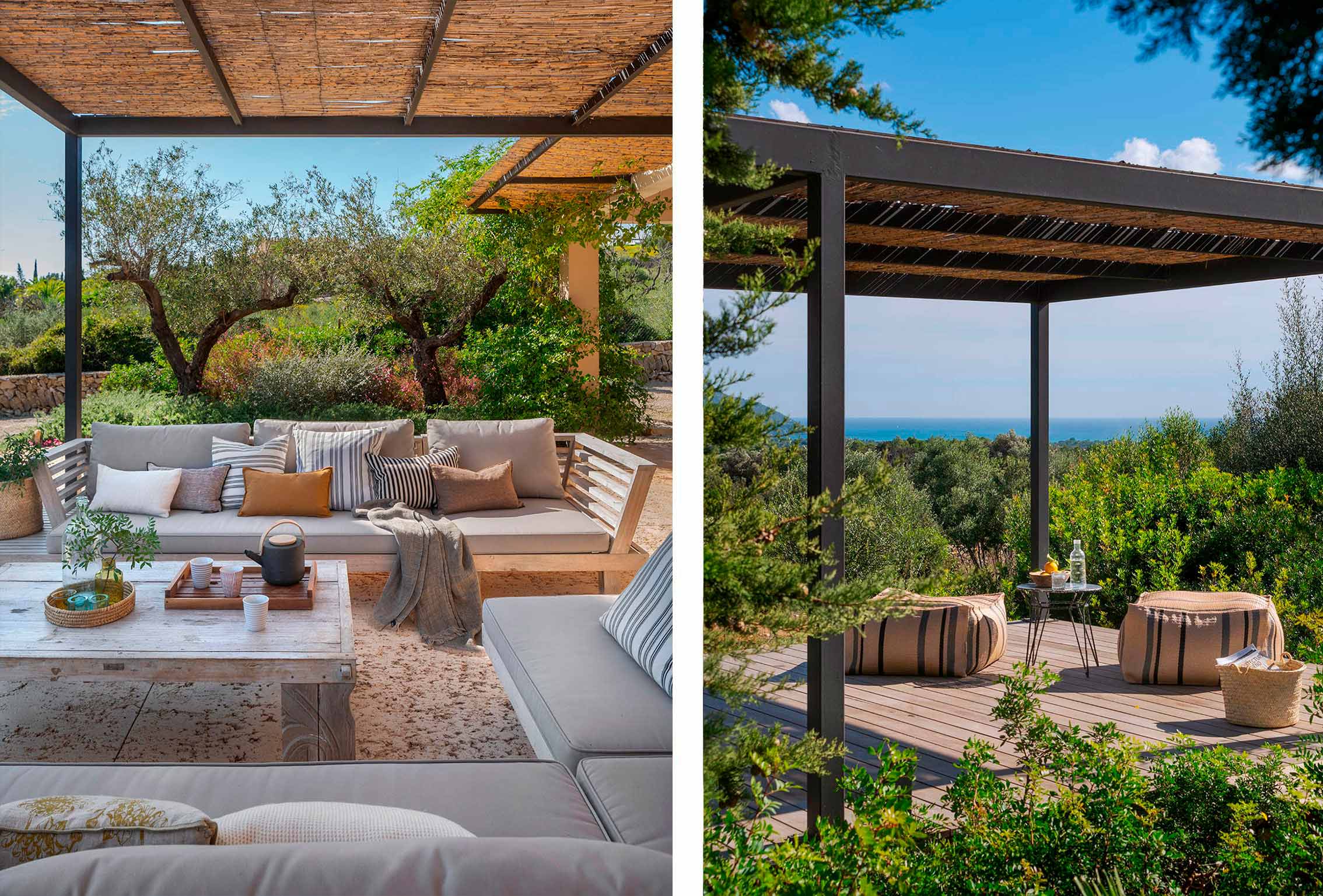 Terrace with sofas under a pergola among olive trees and timber sun deck with pouffes and sea views