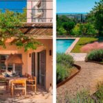 Outdoor dining area under a pergola with fibre lamps and gravel path to the pool through lavender